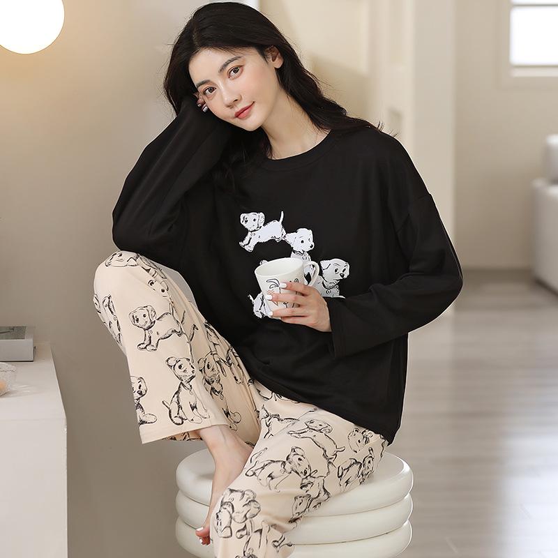 Ensemble de Pyjama pour Femme 100% Coton – Respirant, Absorbant la Sueur, Manches Longues Col Rond pour Porter à l'Intérieur et à l'Extérieur (Automne hiver)