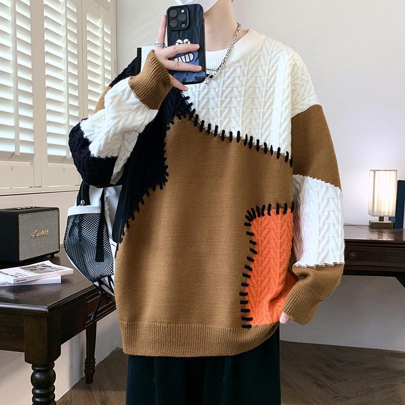 Sweater Men's Knitted Sweater American Contrasting Splicing Casual Round Neck Sweater Men
