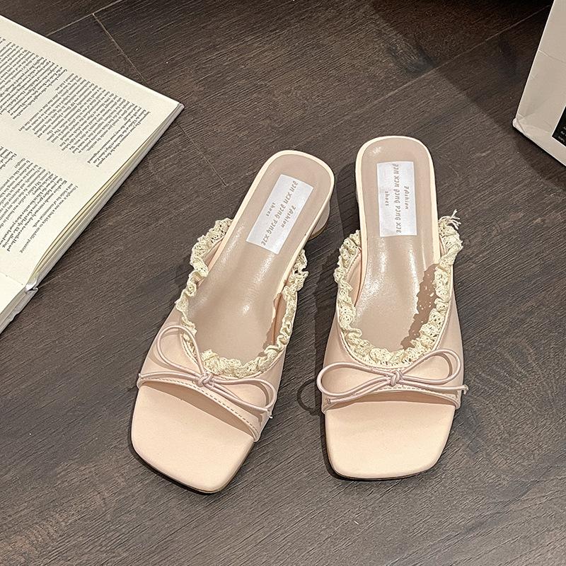 Coarse heel bow shoes women's summer outer wear holiday open-toed slope heel cool slippers