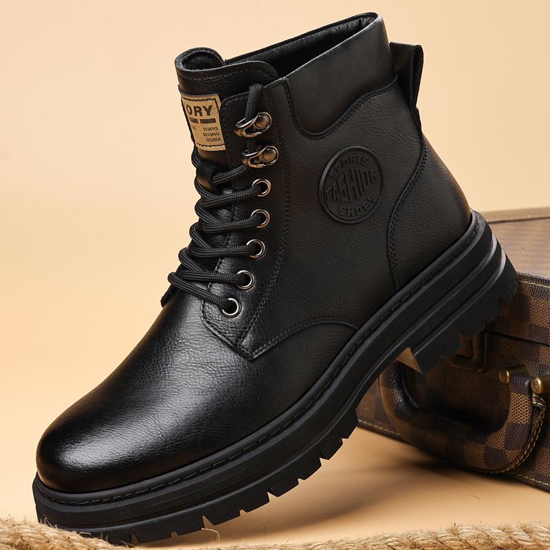 New Arrival Men High Top shoes Outdoor Leather Ankle Boots Fashion Lace Up Motorcycle Boots Non-Slip man Winter Plush Snow botas