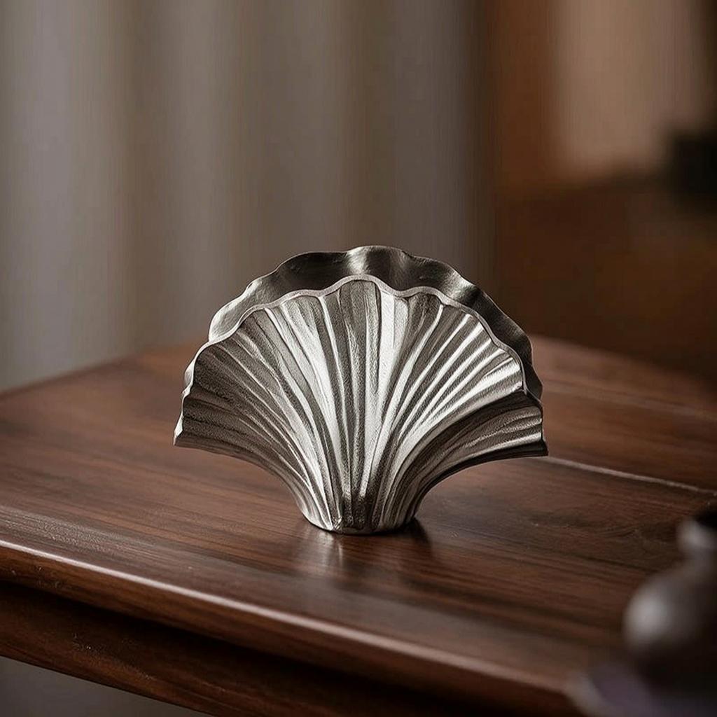 Ginkgo Leaf Vase Sculptural Aluminum Vase Silver Silver-Toned for Decorators, Tabletop, Living Room
