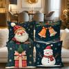 4Pcs Christmas Pillow Covers - Vintage Navy Velvet Holiday Decor With Santa, Bells And Snowman & Flakes Prints, Zipper Closure
