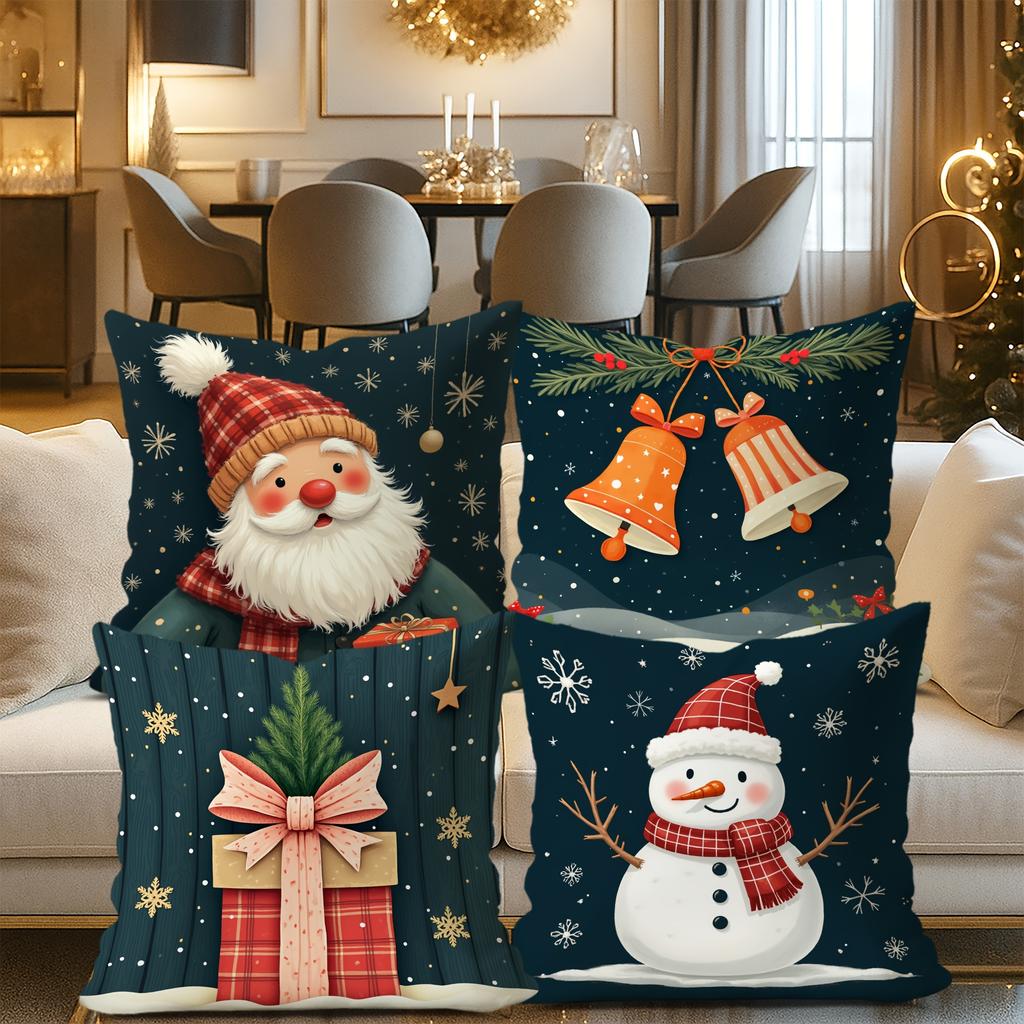 4Pcs Christmas Pillow Covers - Vintage Navy Velvet Holiday Decor With Santa, Bells And Snowman & Flakes Prints, Zipper Closure