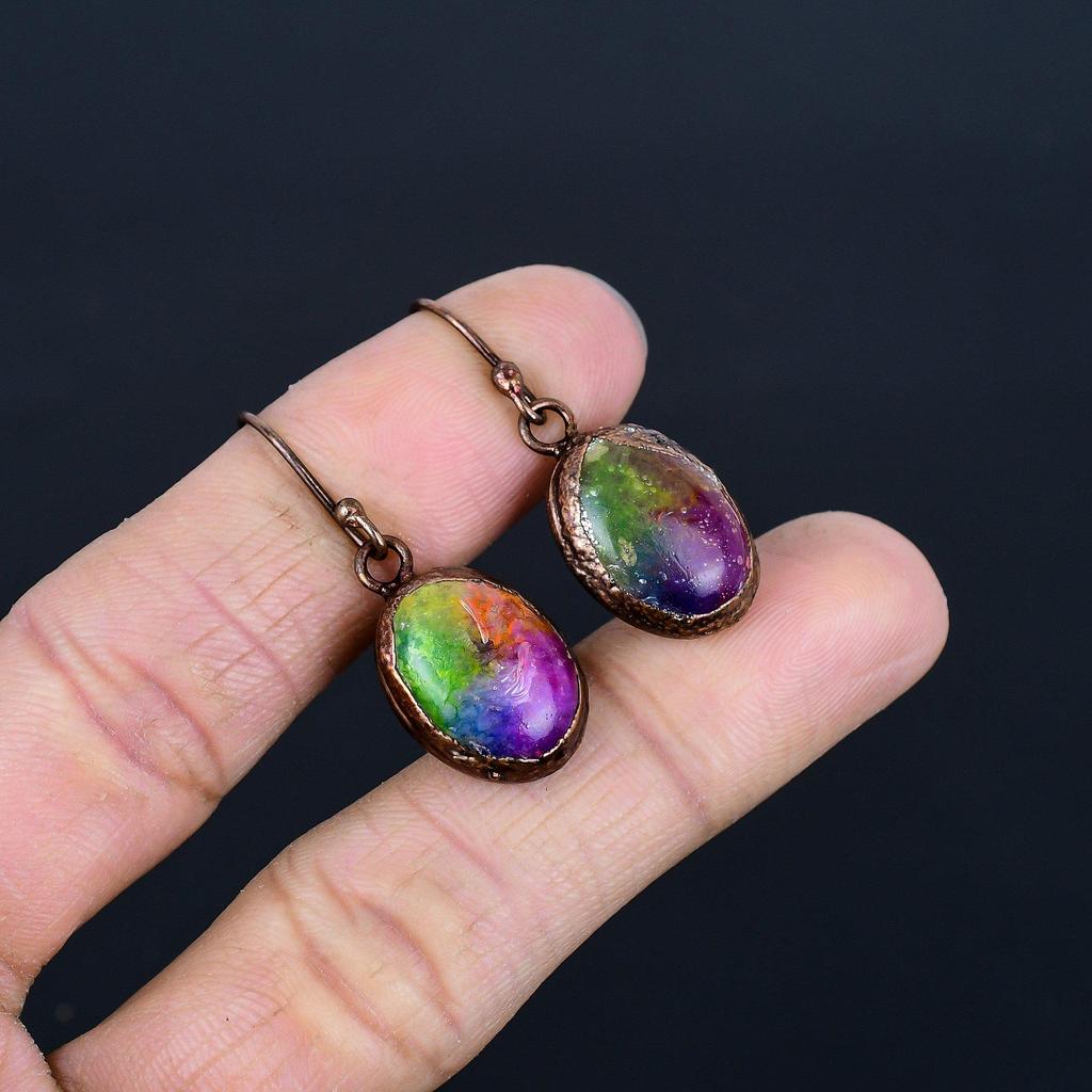 Rainbow Solar Quartz Earrings Gemstone Jewelry, Copper Electroformed Handmade Earrings, Latest Design Jewelry