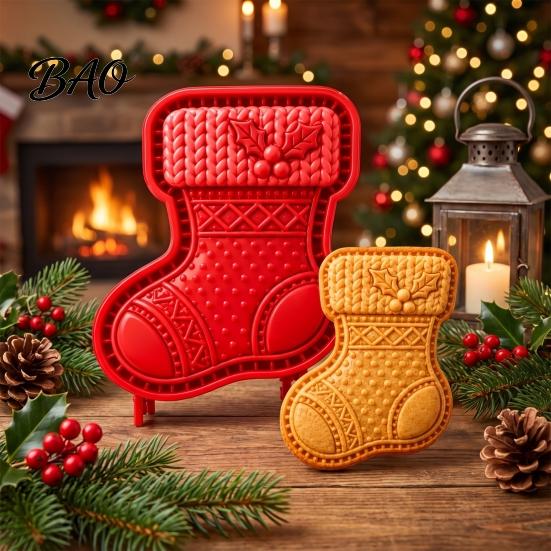 Kitchen Baking Supplies Christmas Cookie Cutter, Push Type Integrated Mold, Plastic Biscuit Cutters Clay Decorating Tool for Holiday Santa Claus Press