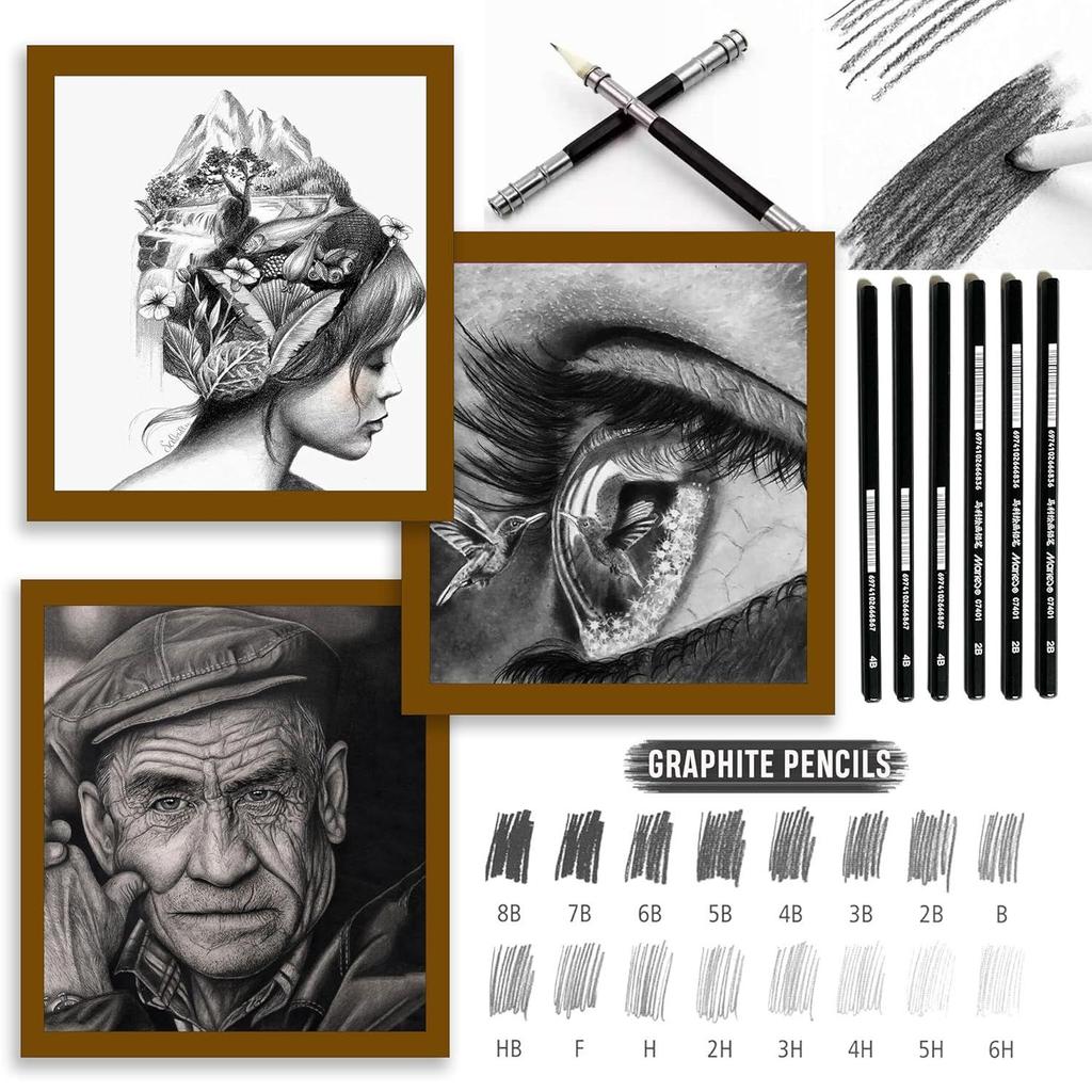 Set de instrumente profesionale pentru schițe și desen, 29 de bucăți, cu creioane din grafit, creioane cu cărbune, stilou șters de hârtie,  (cu husă rulantă din pânză)