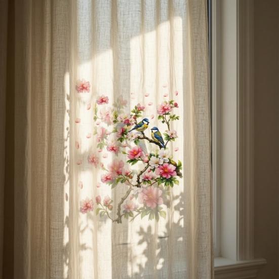 Vögel Blumen Ast Statische Fensteraufkleber, Aquarellvögel auf blühendem Ast Ast Fensteraufkleber, Wiederverwendbare Antikollisions-Doppelseitige Aufkleber für Glas