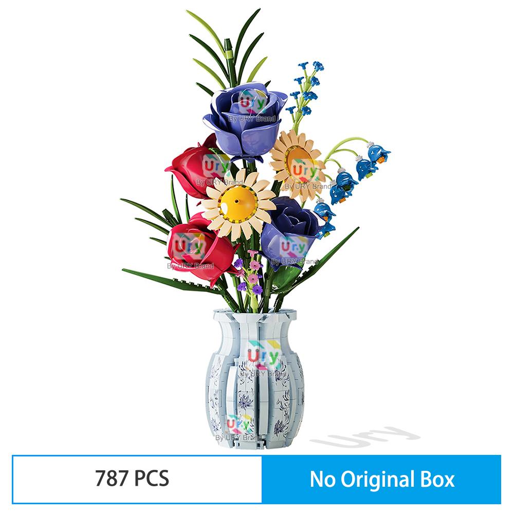 Flower Bouquet 3D Daisy Rose Lily of The Valley with Vase Set Building Block Model Home Decoration Valentine's Day Gift for Girl
