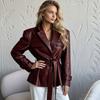 Womens Slim Fit PU Leather Long Sleeve Blazer Jacket With Belt Detail Wine Red Classic Collar Single Button