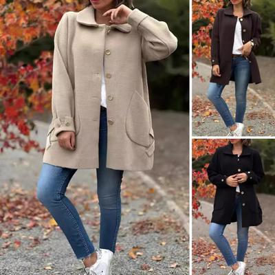 Fall Spring Women Coat Single-breasted Buttons Loose Solid Color Turn-down Collar Cardigan