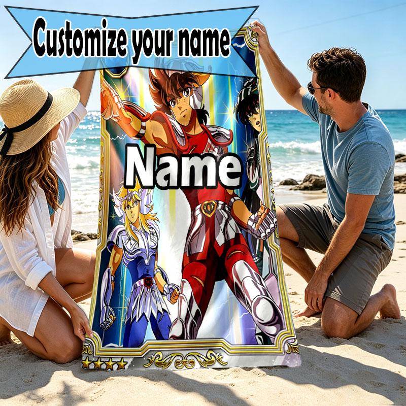 Custom Name Personalized Saint Seiya Print Beach Towel, for Trip Camping Beach Party Home Decor, Birthday Gift for Family & Friends
