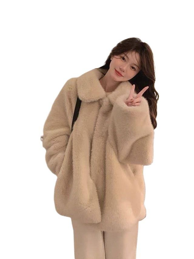 Little white bear imitation fur fur coat imitation mink plush coat female winter gentle lazy loose lapel top tide