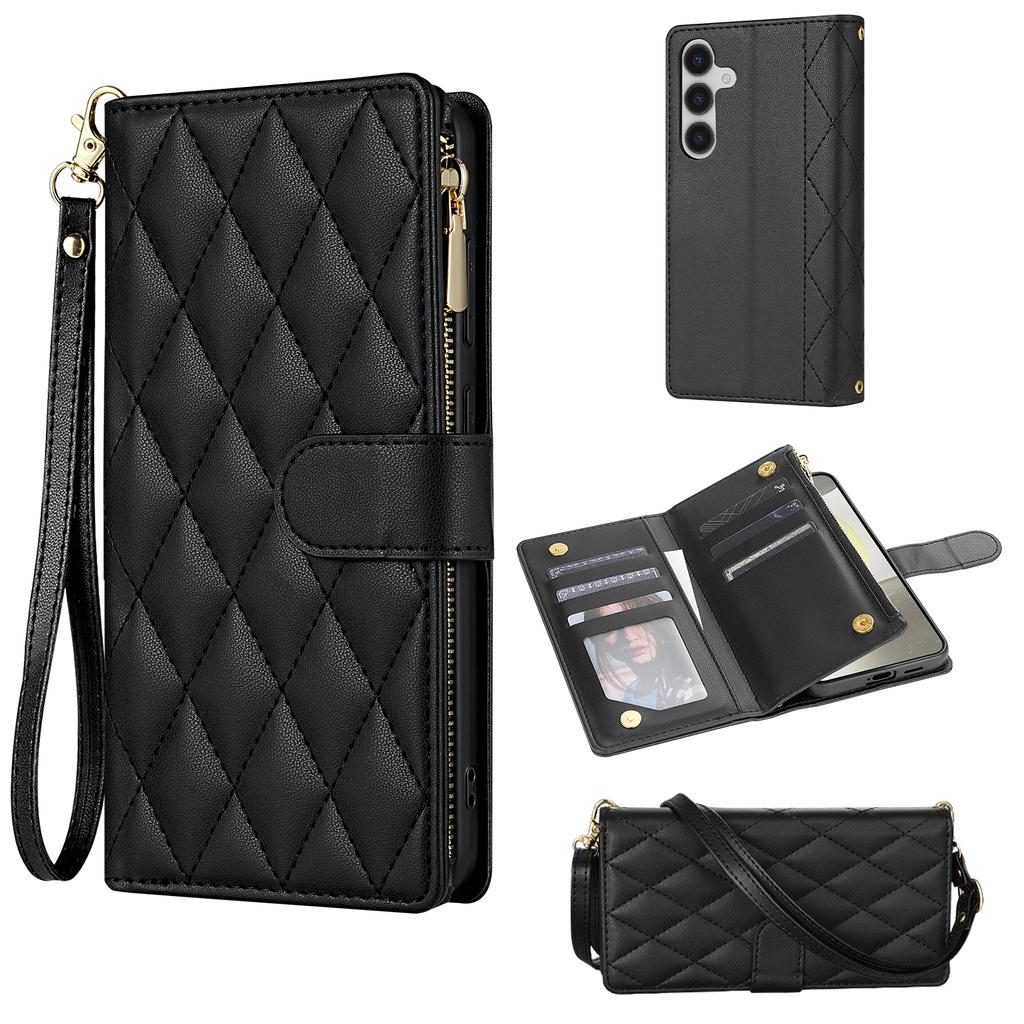 For Samsung Galaxy S26+ Case Rhombus Stitching Leather Wallet Phone Cover with Long / Short Strap