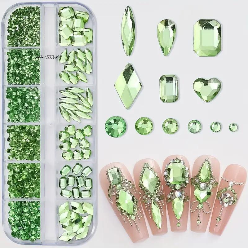 12-Grid 3D Nail Art Rhinestones Set Super-Shiny Flatback Adhesive Rhinestones for DIY Decorative Nail Art Multiple Shapes
