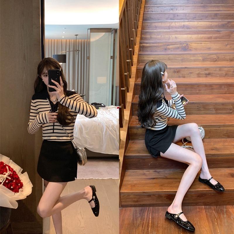 ~ Delicate Bow Pearl Shallow Mouth Round Head Flat Bottom Sheepskin Ballet Single Shoes Women's Spring and Autumn