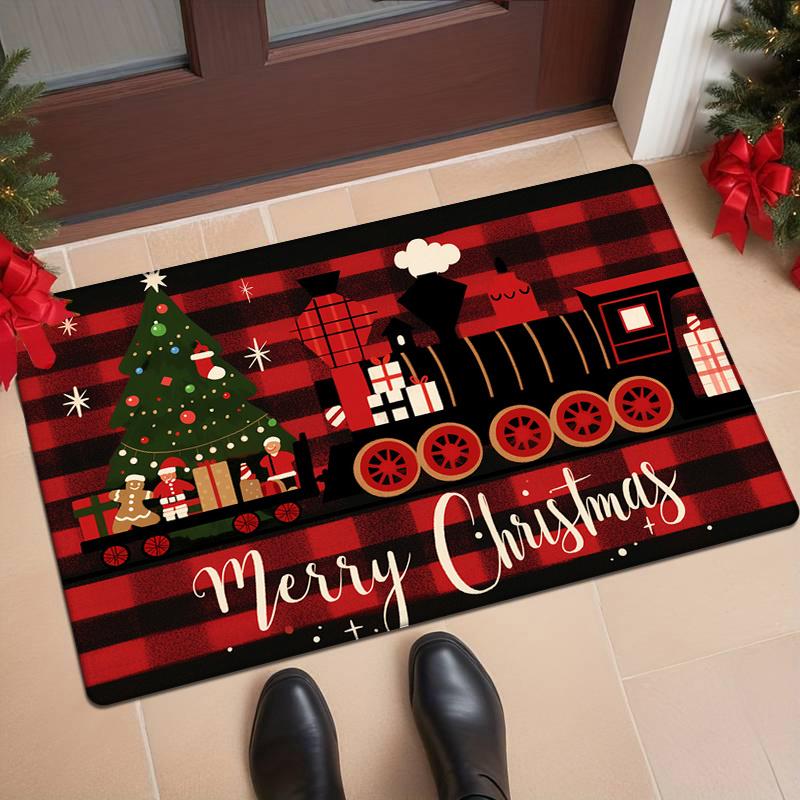 Flannel Thickness 0.47inch - 1pc Classic Christmas Red and Black Striped Door Mat, Red Train Print Absorbent Non-Slip Area Mat,