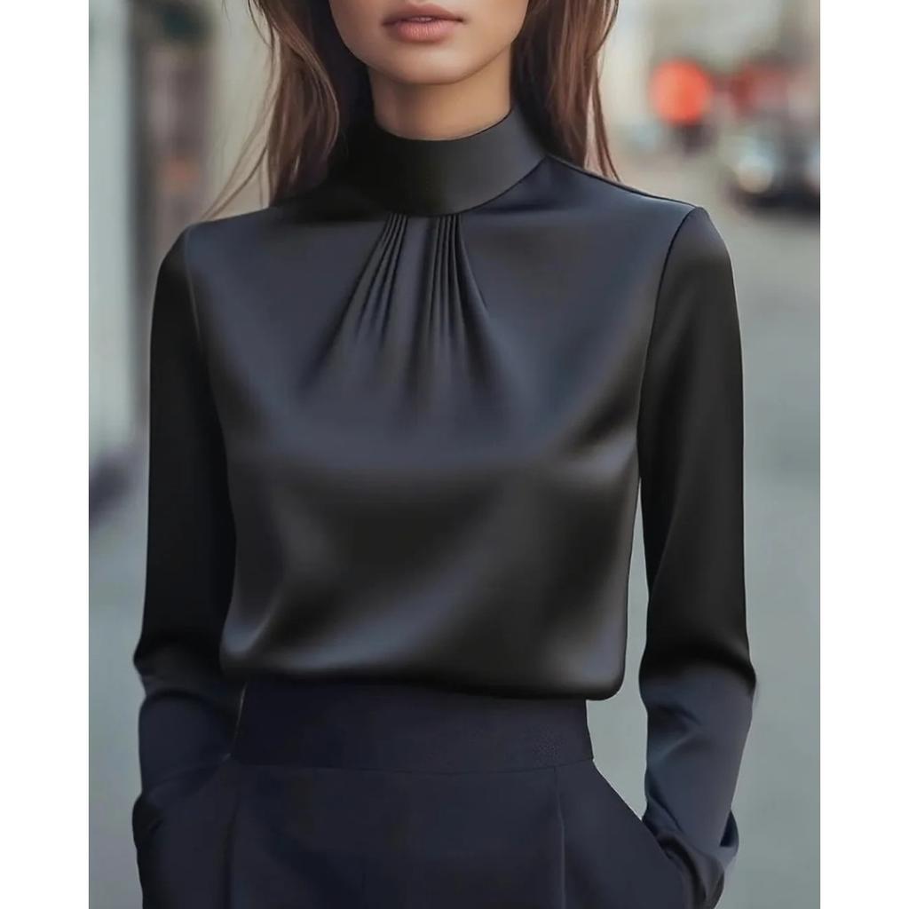 Women's Satin Shirt with Stand Up Collar and Pleated Long Sleeved Top, Elegant and Slimming Shirt for Commuting In The Workplace