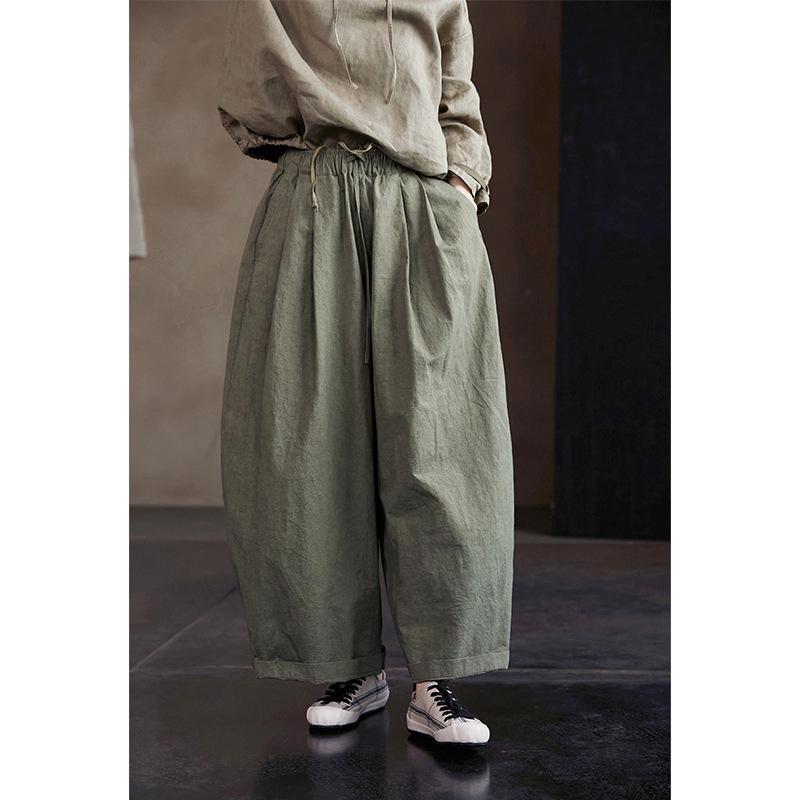 Autumn Retro Women s Cyan-Green Cotton Elastic Waist Loose Wide-Leg Pants Large