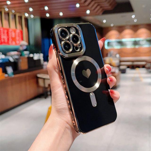 Love Heart Wireless Charging Phone Case For Iphone 14 13 12 11 Pro Max 14 Plus 14pro Shockproof Plating Magnetic Soft Back Cover