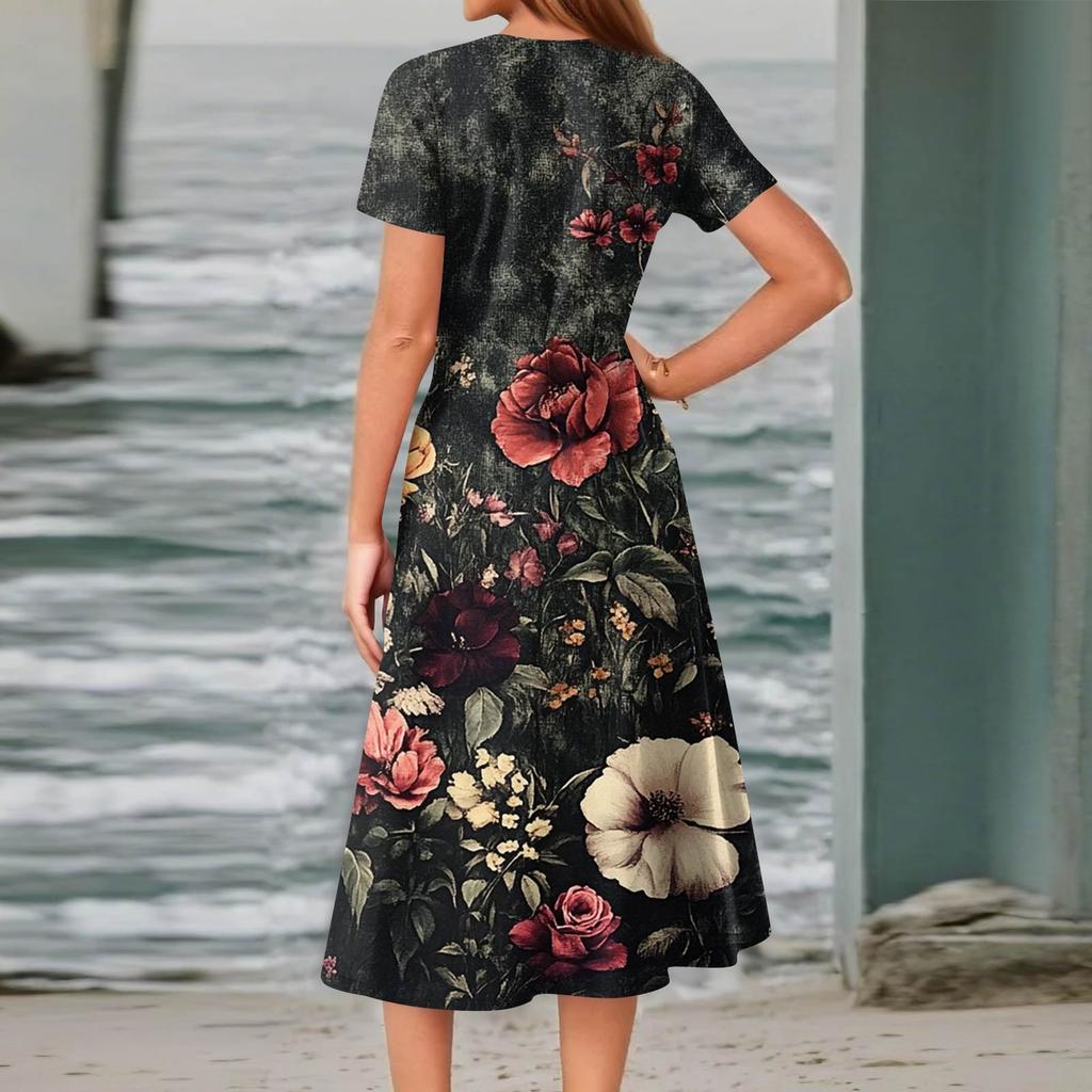 Women's Summer Casual Fashion Print Pocket Short Sleeve V-Neck Swing Dress