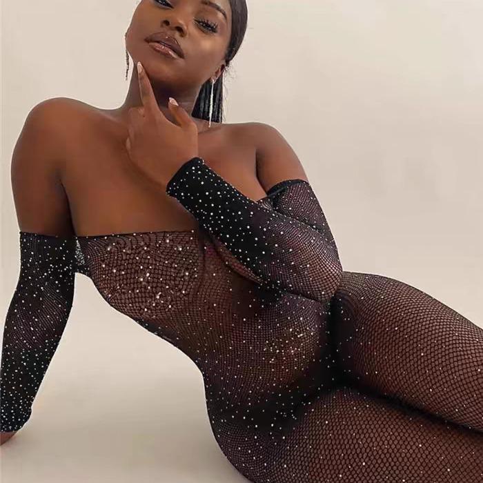 European and American Women's Sexy Open Crotch Long Sleeve Mesh Bodysuit