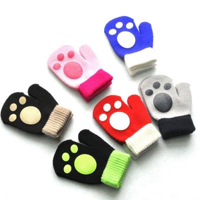 Niedliche Baby-Handschuhe mit Aufdruck und Fußabdruck, Winter, gestrickt, warm, Vollfinger-Handschuhe, solide Kinder, Jungen, Mädchen, Fäustlinge, 1–4 Jahre