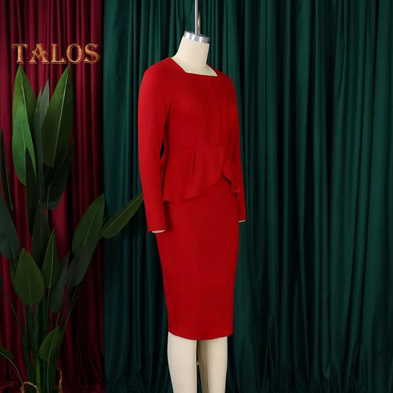 Vestido de negocios para mujer, escote cuadrado, manga larga, color puro, con volantes, retazos, corte entallado, vestido formal midi para desplazamientos diarios