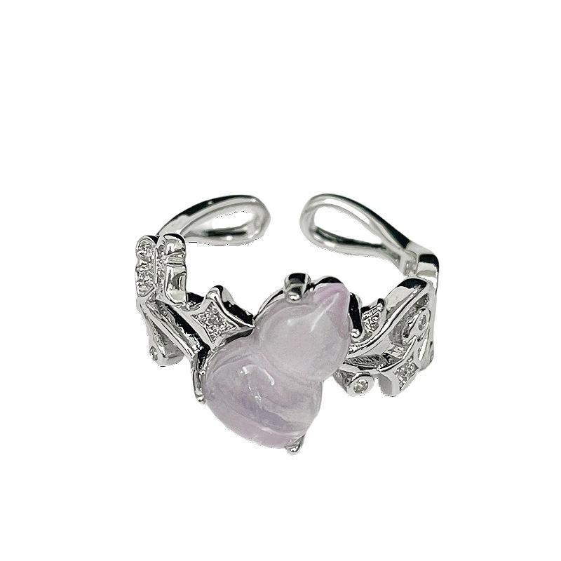 Violet Imitation Jade Gourd Open Ring With Diamonds Niche Design Light Luxury Unique High-End Sense Retro Ring Women