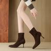 2025 autumn and winter Korean version fashion temperament pointed head high heel elastic thin boots suede commuting elegant thin heel short boots wo