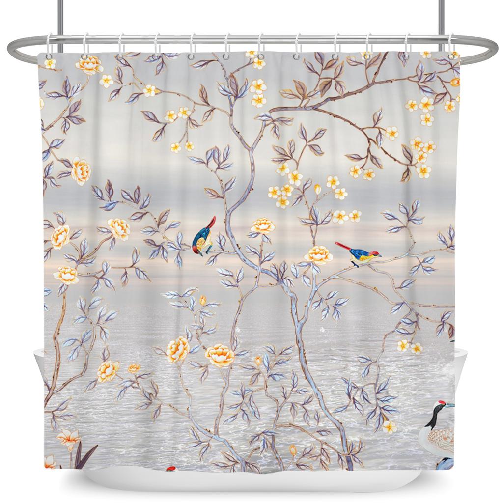 Tropical Greenery Leaf Shower Curtain Tulip Bathroom Curtain Romantic Refreshing Curtain Polyester Waterproof Bathroom Shower