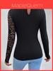 Streetwear Lace Spliced Long Sleeve T Shirt For Women With High Neck And Soft Acrylic Fabric