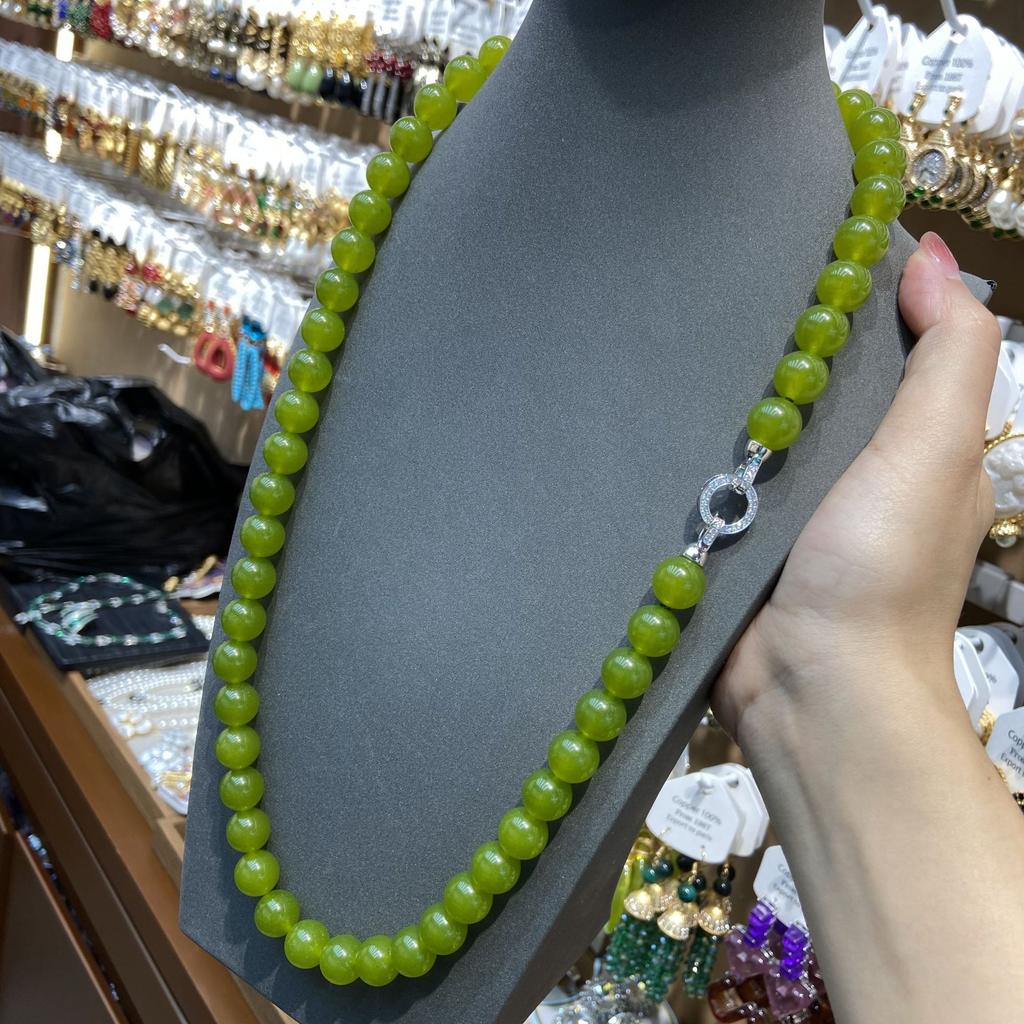 New Medieval Vintage Fashion Retro Design Qingti Color Jade Bracelet 12M Natural Stone Long Necklace Bracelet