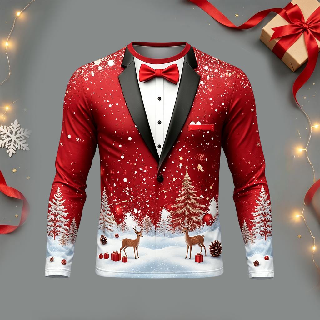 Men's Casual Christmas Suit Print Long Sleeve Neck T-Shirt for Holiday Party and Everyday Wear