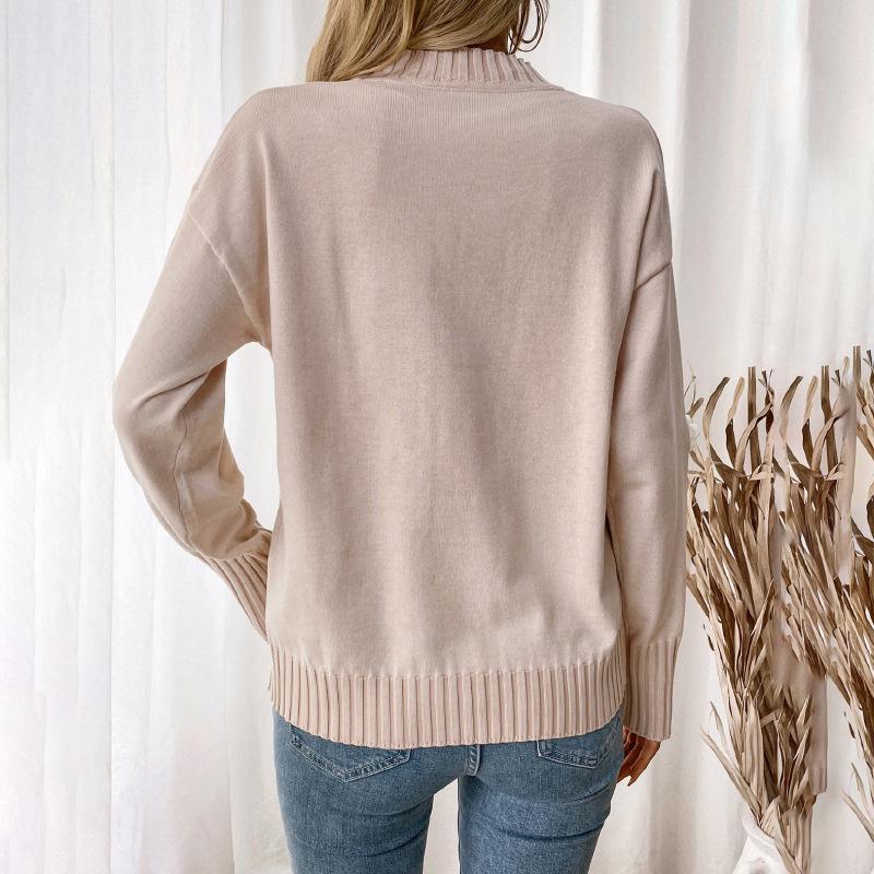 2025 Autumn European & American Casual Sweet Style Floral Knit Pink Round Neck Women's Pullover Sweater