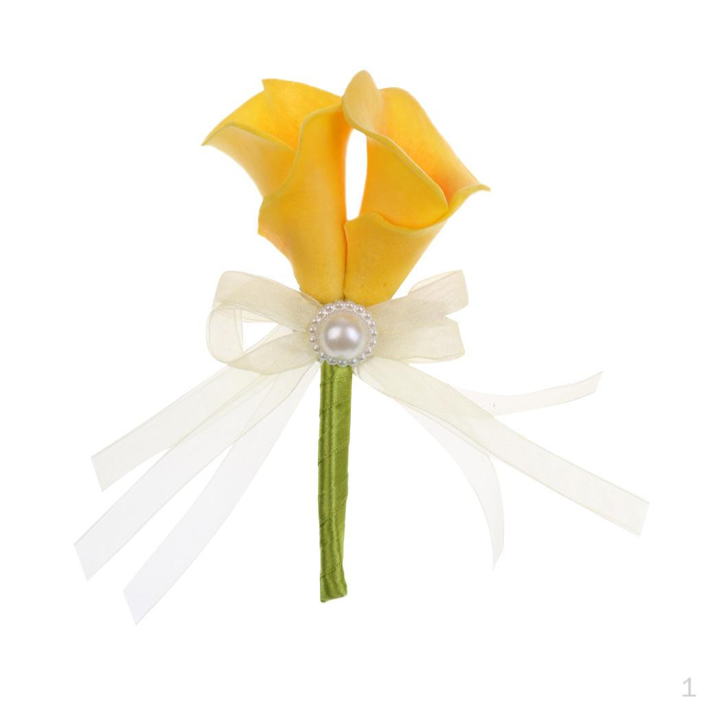 Wedding Party Calla Lily Artificial Flower Boutonniere Corsage Brooch Yellow