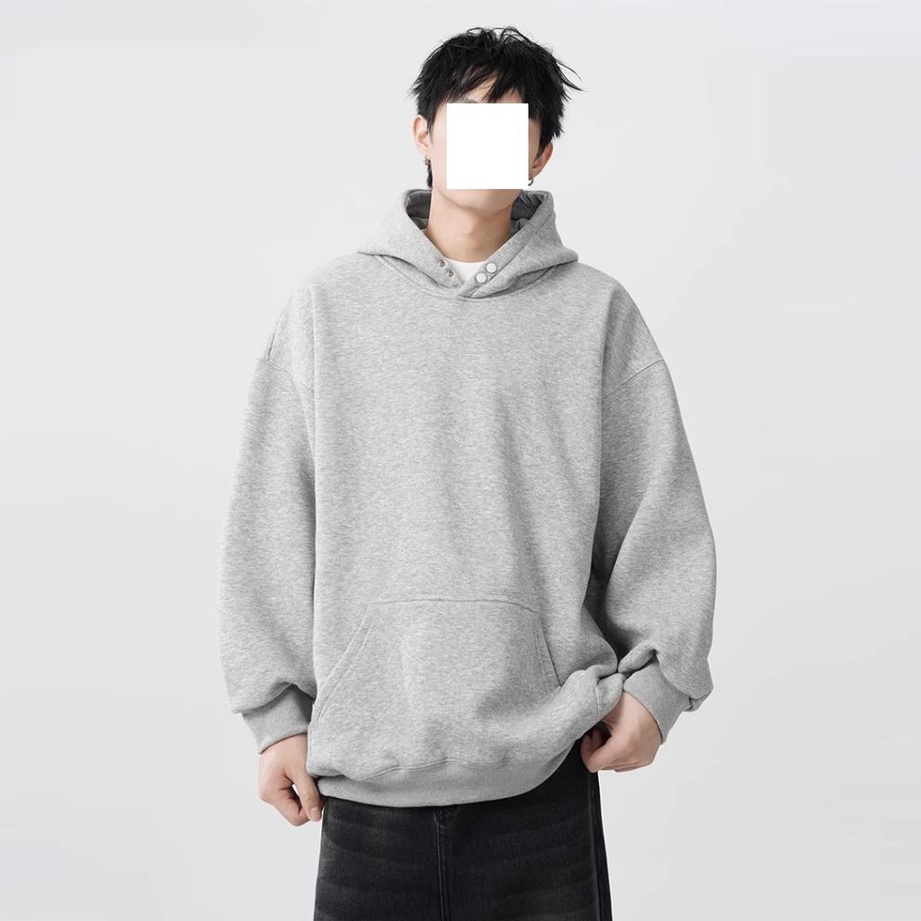 300G heavy button hooded sweater men's autumn and winter trendy brand loose casual solid color versatile American hoodie jacket