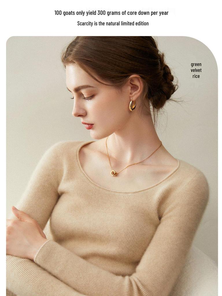 Women's Slim-Fit U-Neck 100% Cashmere Sweater - Low Round Neck Knit Base Layer