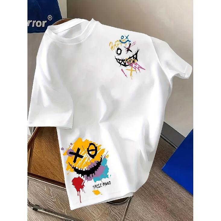 Boy Graphic Heat Transfer Printed T-Shirt- "Happy Young People" Design with Colorful Smiling Faces, Short Sleeve Round Neck Casual Summer T-Shirt,