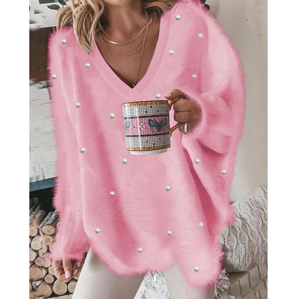 2025 A/W V-Neck Beaded Solid Color Sweater for Women