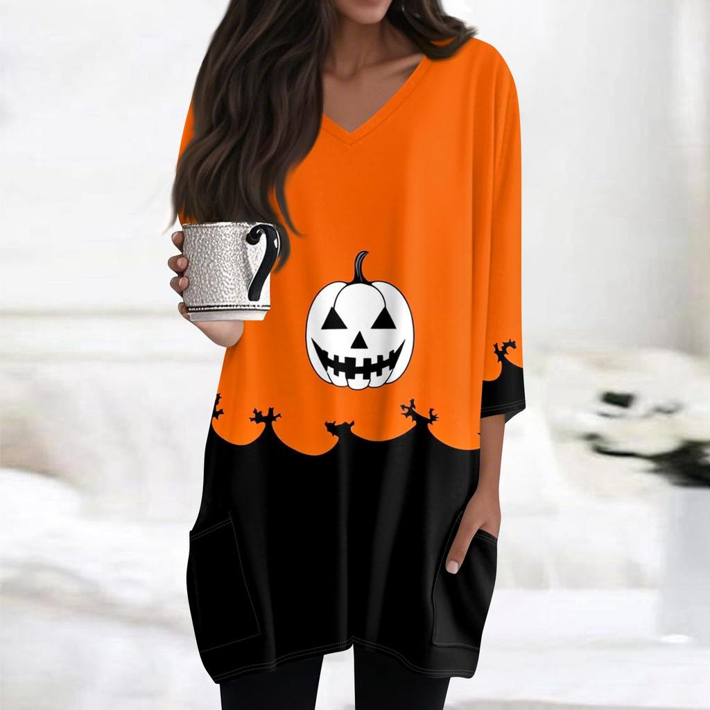 Damen Oberteile V-Ausschnitt 3/4 Ärmel Blusen Lässige Mittellange Hemden Mode Halloween Print Tunika Oberteile Mit Taschen