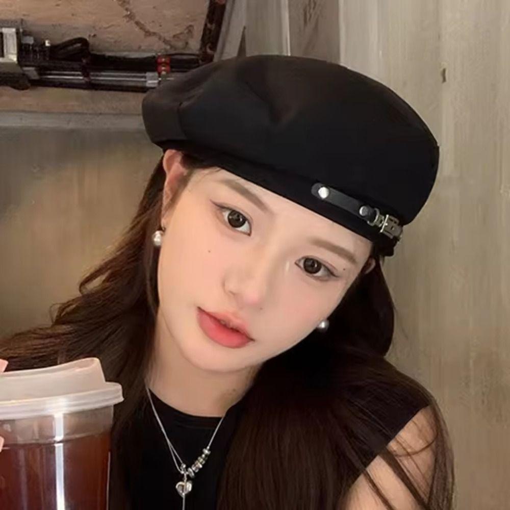 Pălărie Octogonală cu Cataramă Metalică Culoare Solidă Stil Coreean Pălărie de Pictor Casual Vintage Beretă Femei