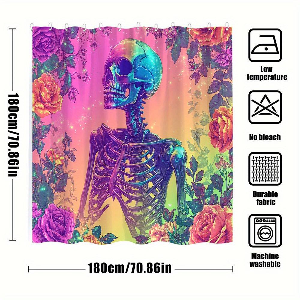 1Pc Gothic Fantasy Skeleton Floral Bathtub Curtain - Detailed Bone Structure, Multicolored Aura & Lush Roses Design
