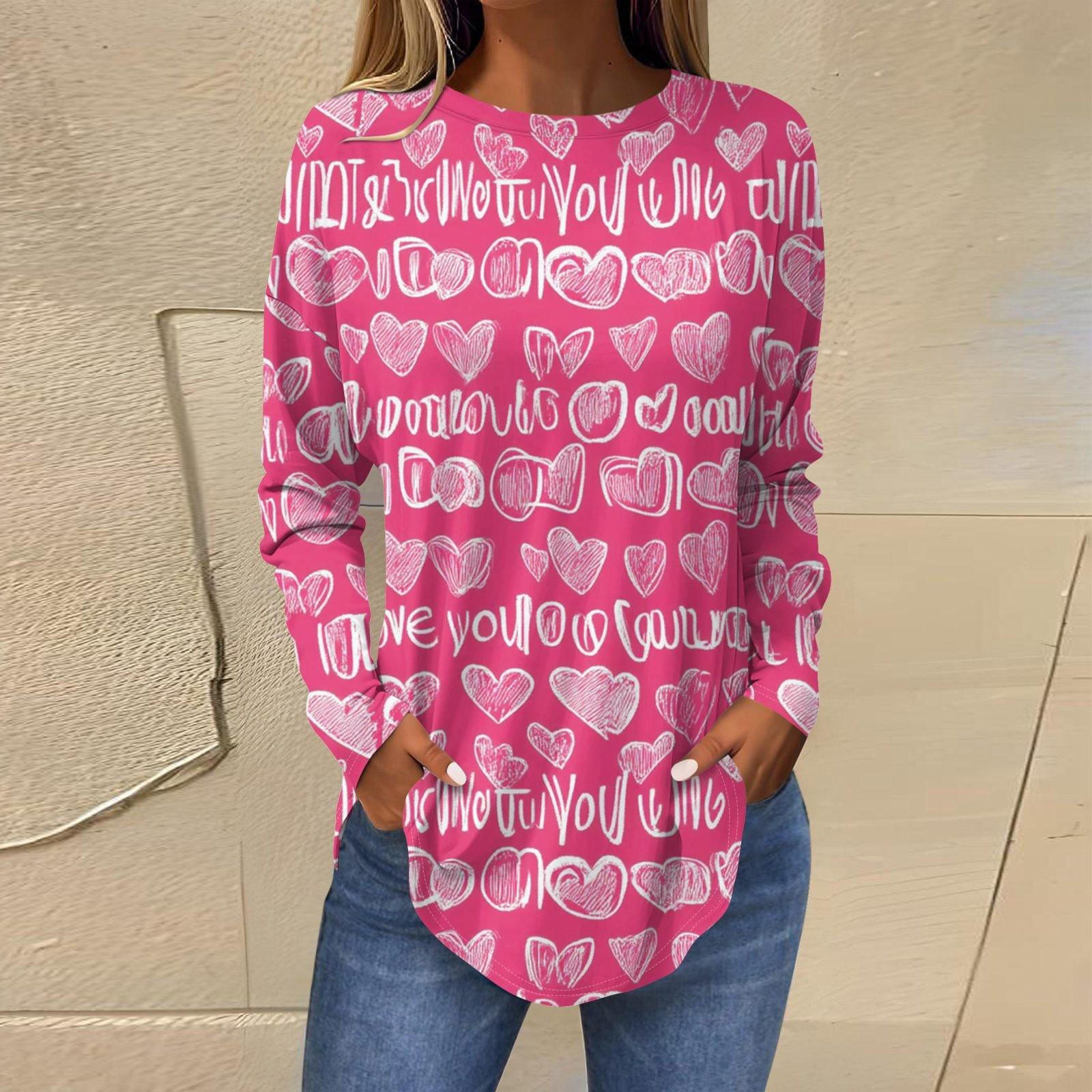 

Женская модная свободная футболка с круглым вырезом и длинным рукавом с принтом XXXL розовый