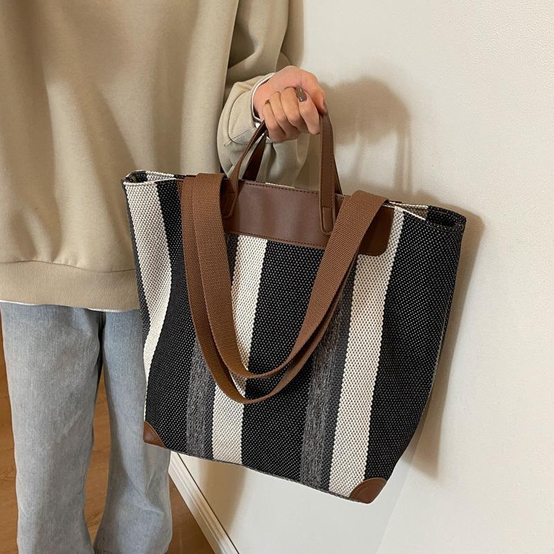 Canvas Bag Large Capacity Shoulder Bag for Female Striped Tote Bag