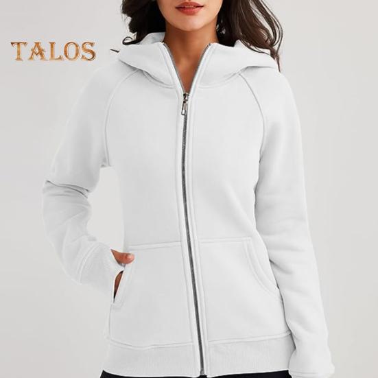 Lady Hoodie Jacket Plush-lined Solid Color Zipper Closure with Pockets Elastic Cuffs And Hem Long Sleeves Cardigan Casual Daily Coat