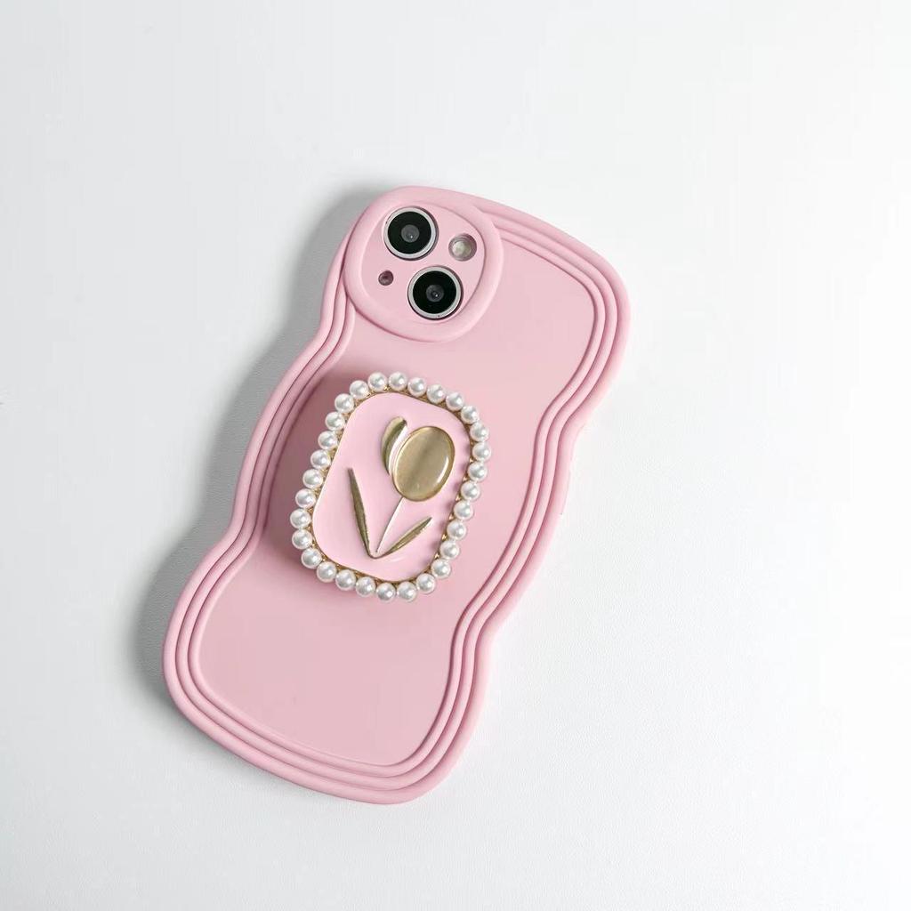Funda para teléfono estilo palaciego con flor de perlas y soporte para iPhone 14 Pro Max / 13 Pro / 15