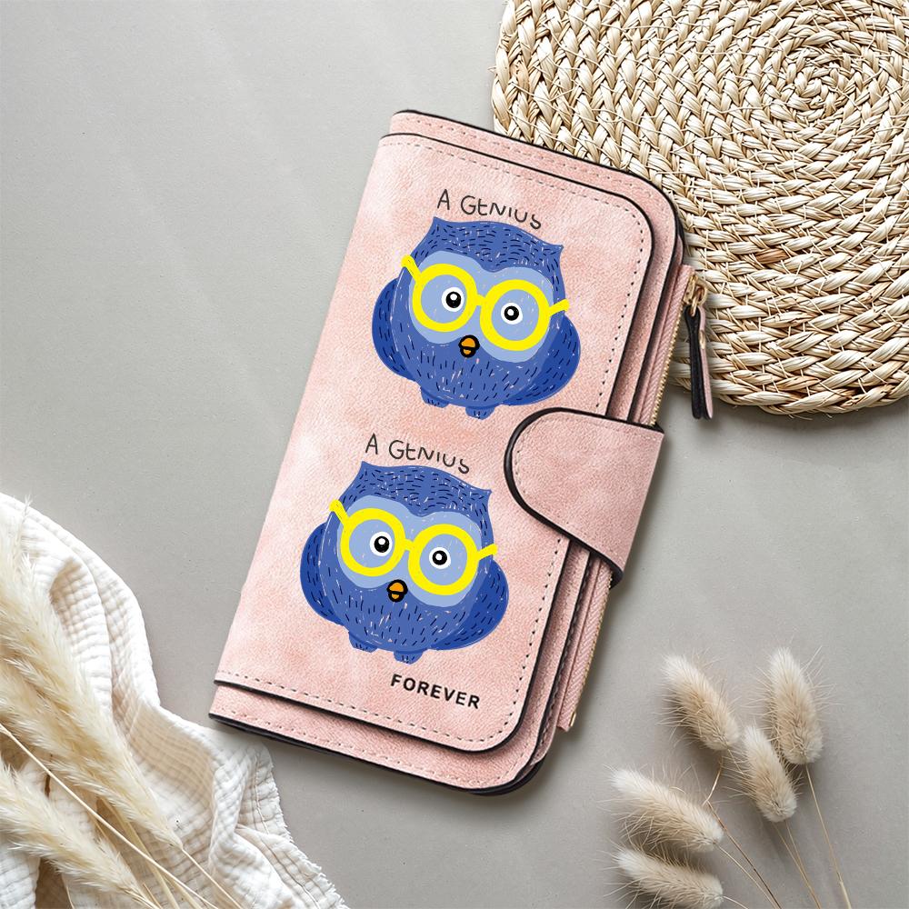 Cute Owl Print Women Long Wallet Fashionable Leather Card Holder Portable Casual Daily Purse