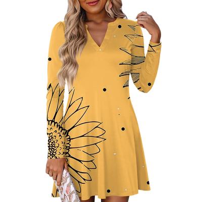 Damenmode Blumenmuster V-Ausschnitt Langarm Kleid