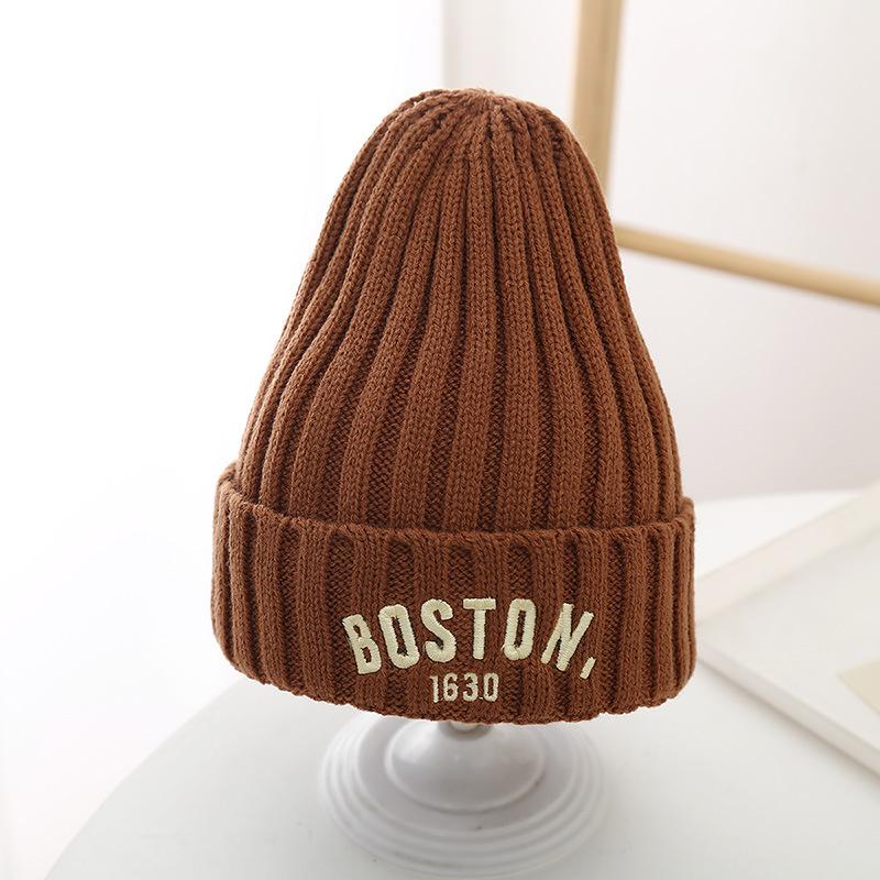 Winter Baby Knitted Hat with Earmuff Letter Embroidered Toddler Beanie Cap Solid Color Warm Woolen Kids Ear Protection Hats