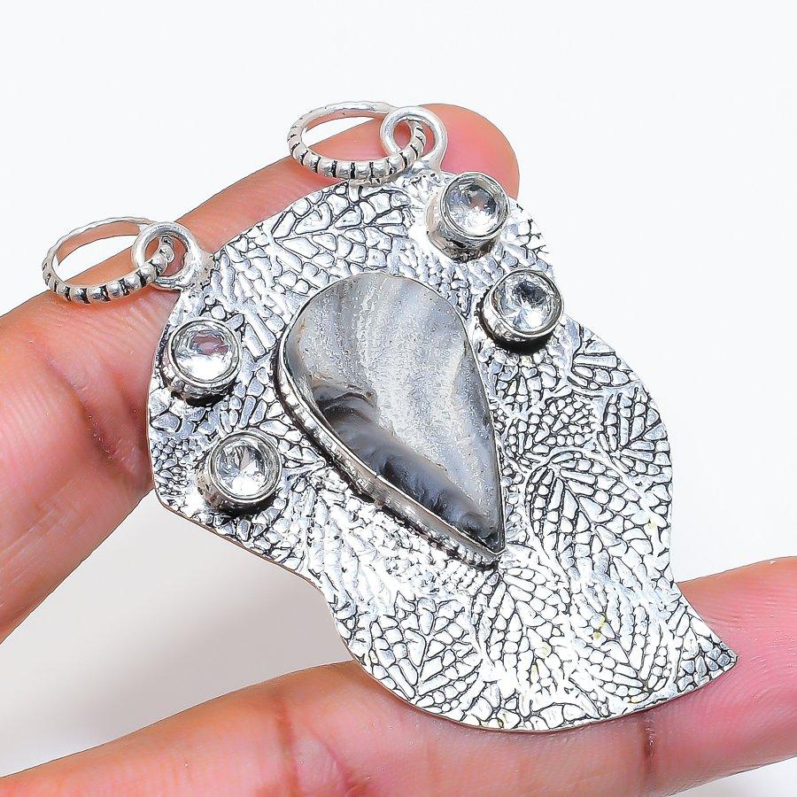 Natural Desert Rose Druzy, Topaz 925 Sterling Silver Jewelry Pendant 2.52" ZS-542